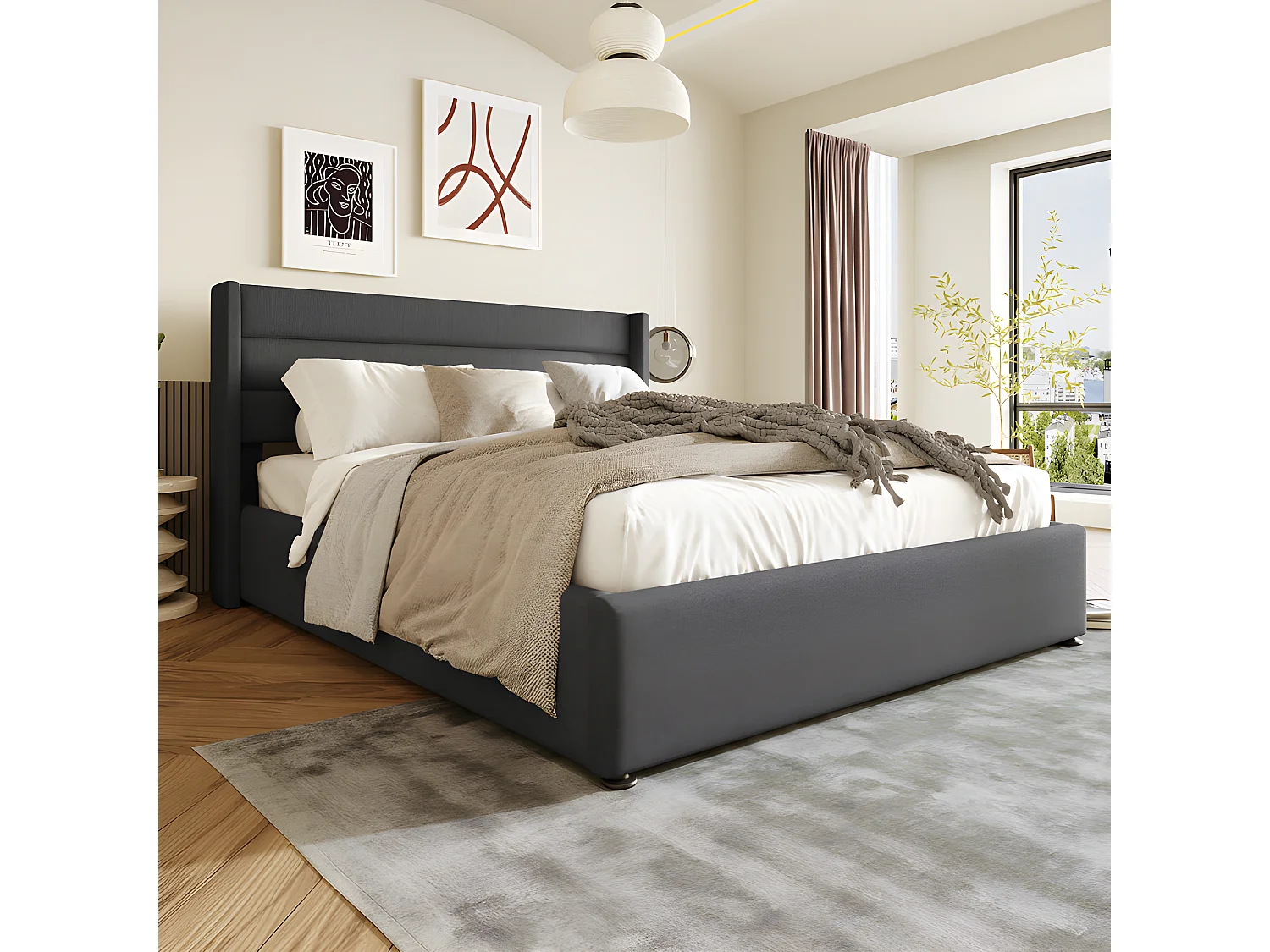 180 x 200 cm großes Bett aus Leinen mit Lattenrost – Grau