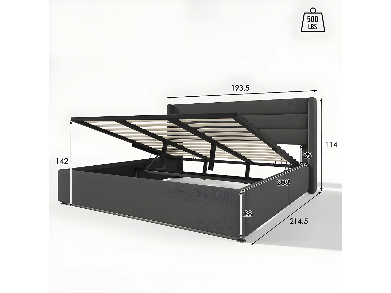 180 x 200 cm großes Bett aus Leinen mit Lattenrost – Grau