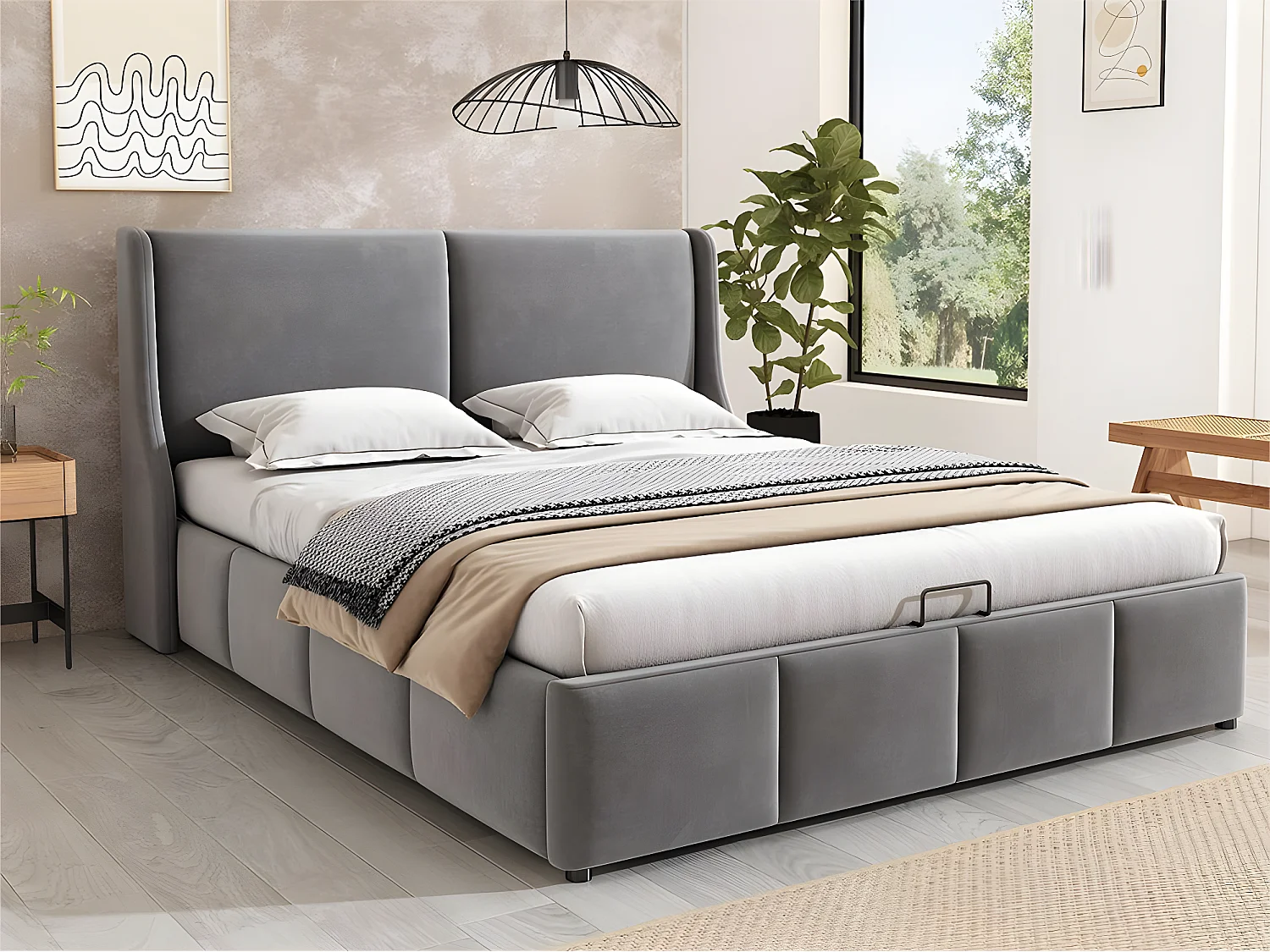Bett für Erwachsen aus samt – Bett mit Stauraum und Lattenrost – 140 x 190 cm – grau