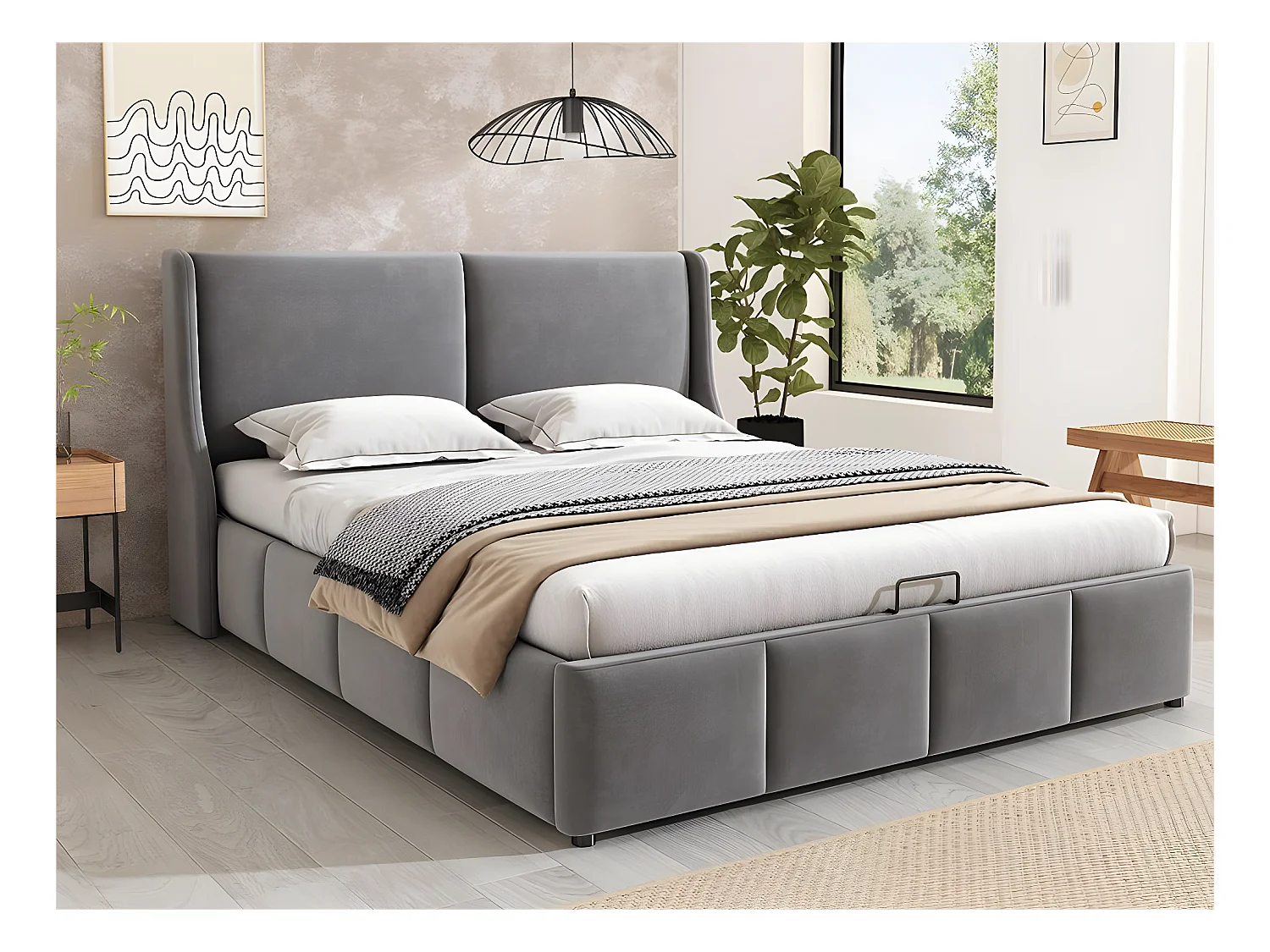 Lit coffre rembourré 140x190cm en velours - avec sommier à lattes - Gris