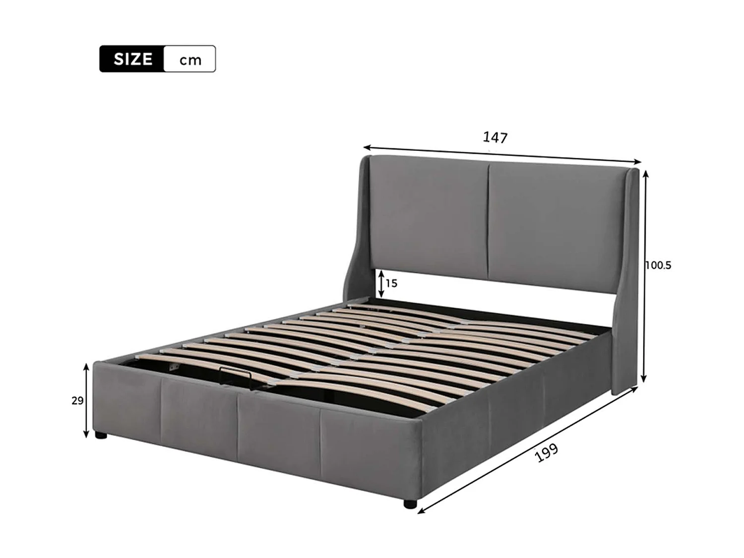 Cama contenedor acolchada 140x190cm en terciopelo - cama contenedor con somier de láminas - Gris