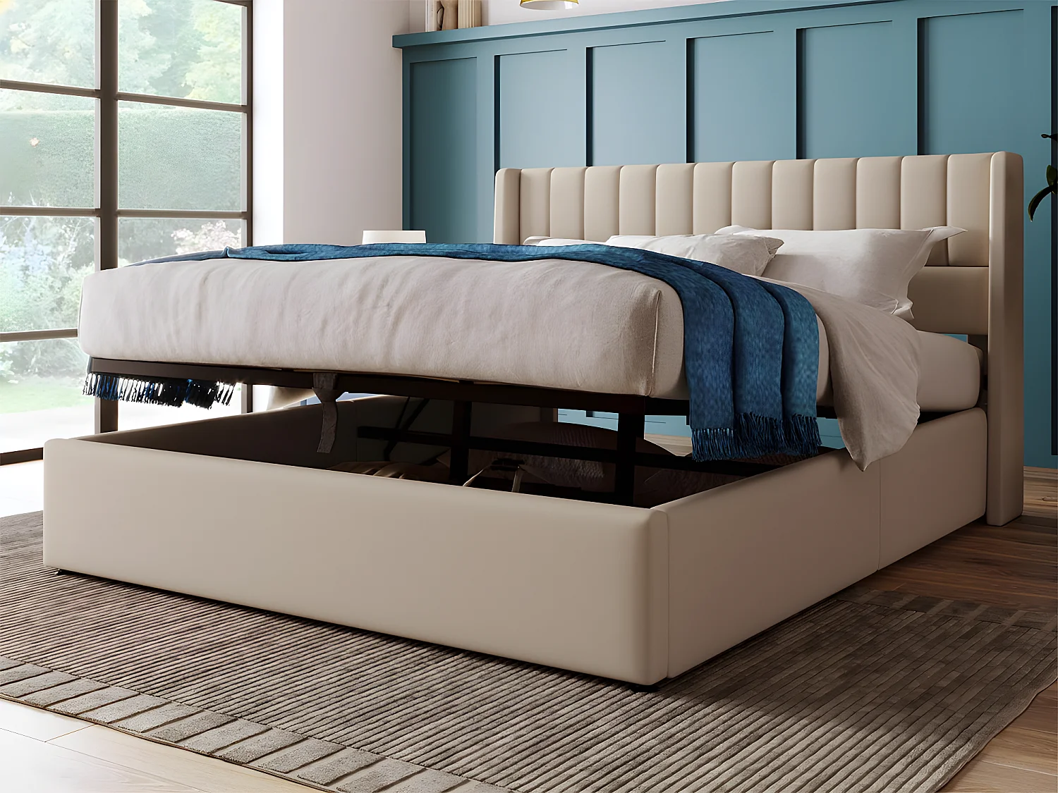 Cama contenedor tapizada 160x200cm en lino con somier de láminas - Beige