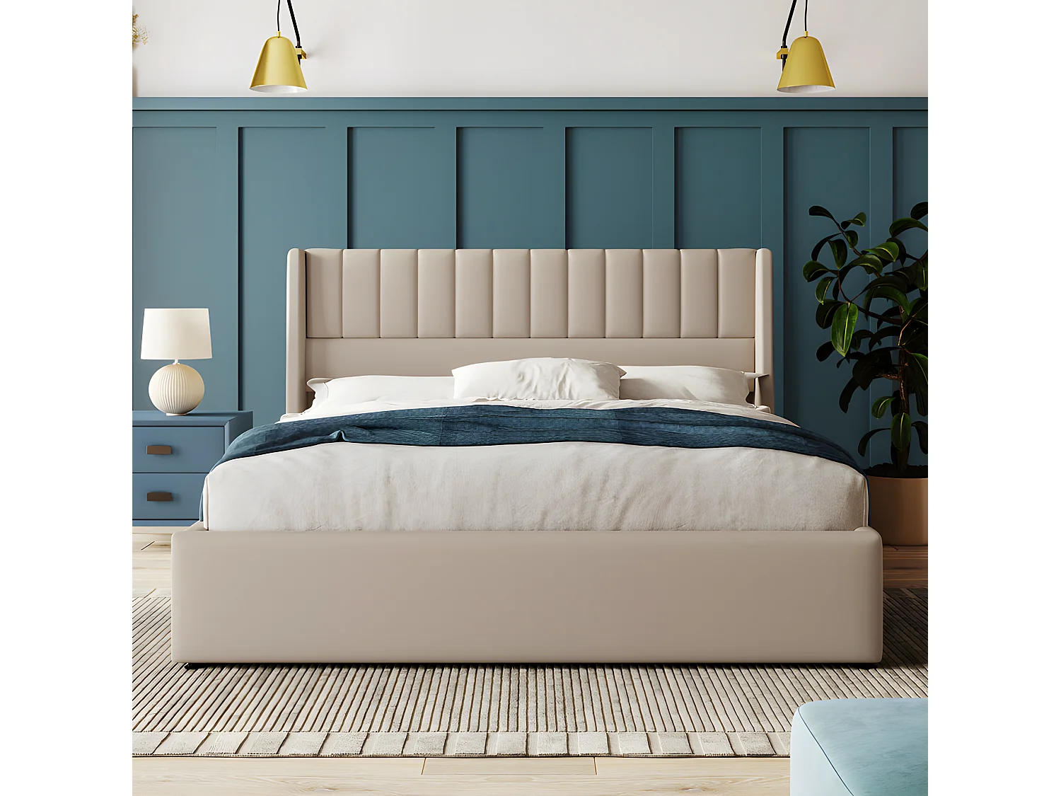 Cama contenedor tapizada 160x200cm en lino con somier de láminas - Beige