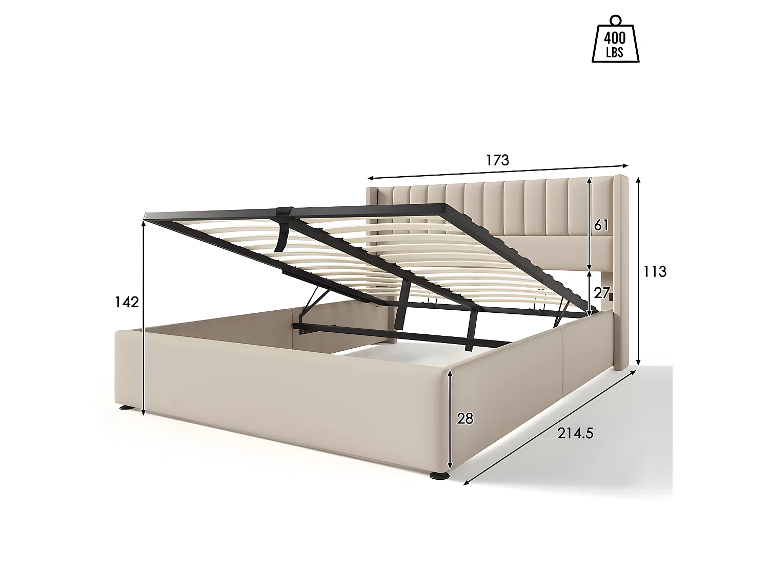 Cama contenedor tapizada 160x200cm en lino con somier de láminas - Beige
