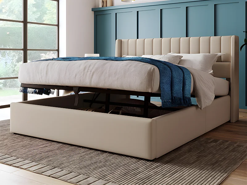 Gepolstertes Stauraumbett 160 x 200 cm aus Leinen mit Lattenrost – Beige