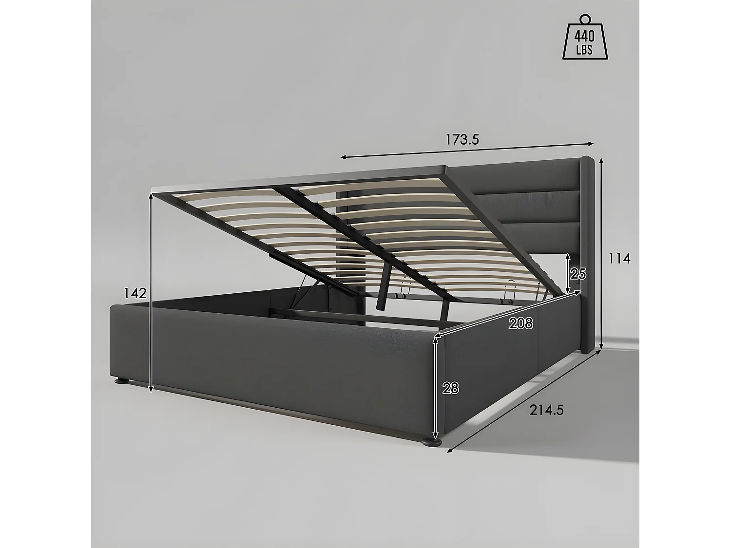 Leinenbett mit Stauraum, 160 x 200 cm, mit Lattenrost – Grau