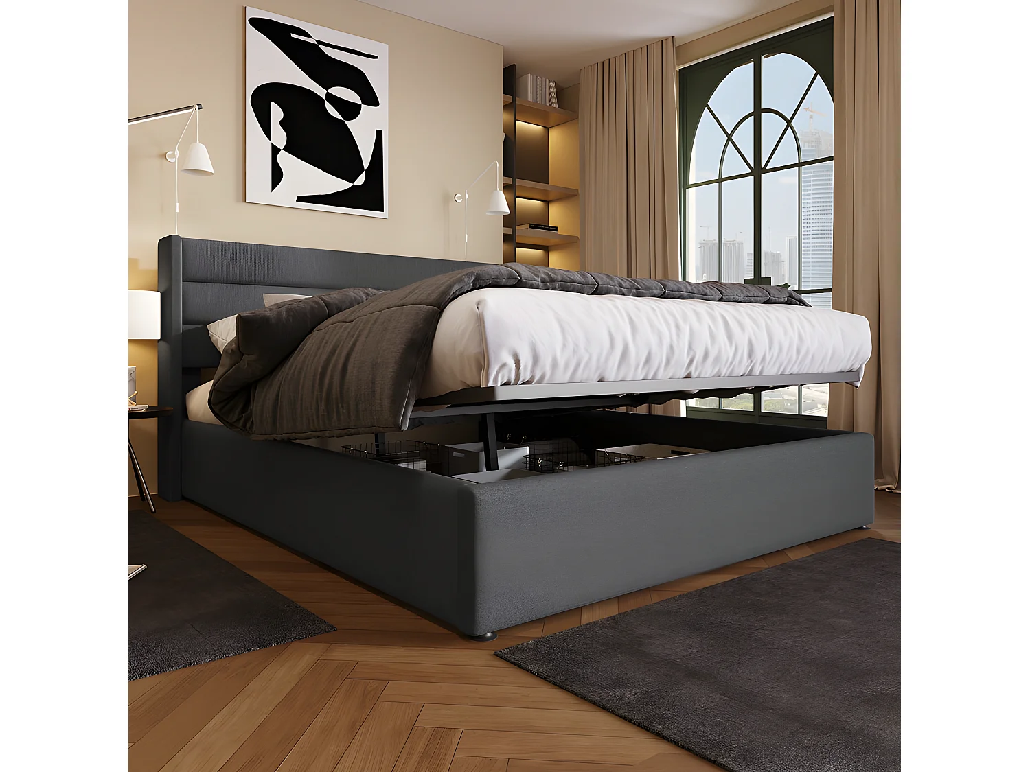 Linnenopbergbed 160x200cm met lattenbodem - Grijs