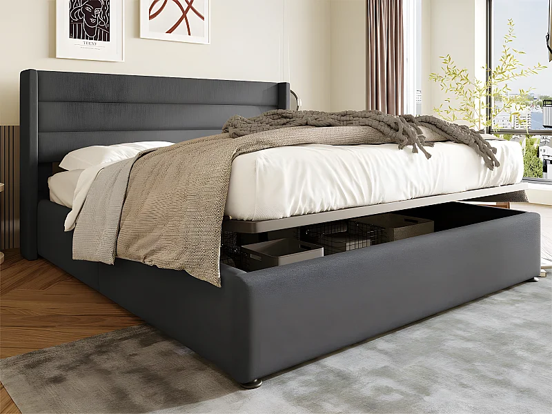 Linnenopbergbed 160x200cm met lattenbodem - Grijs