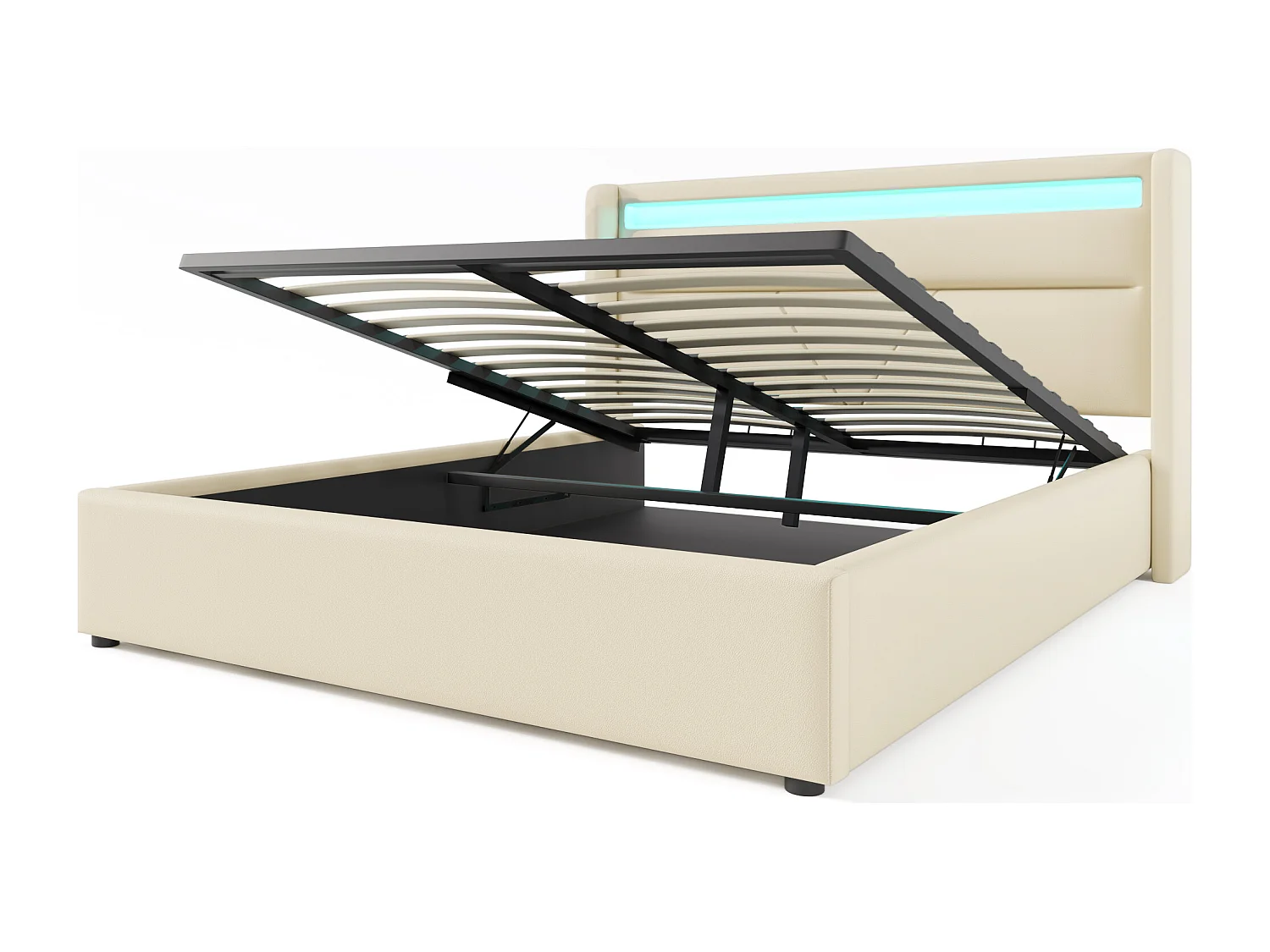 Bettkasten 140 x 200 cm aus Kunstleder mit LED – mit Lattenrost – Weiß