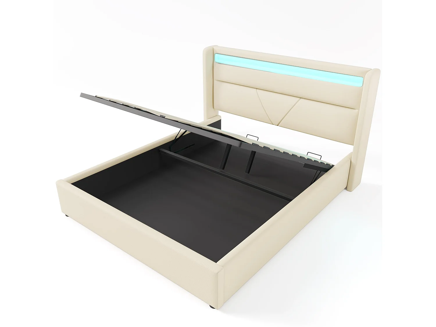 Bettkasten 140 x 200 cm aus Kunstleder mit LED – mit Lattenrost – Weiß