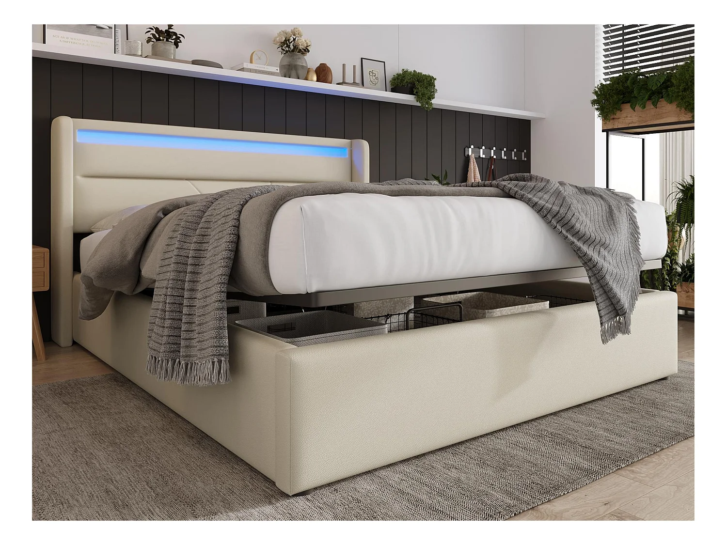 Lit coffre 140x200cm en similicuir avec LED - avec sommier à lattes - Blanc