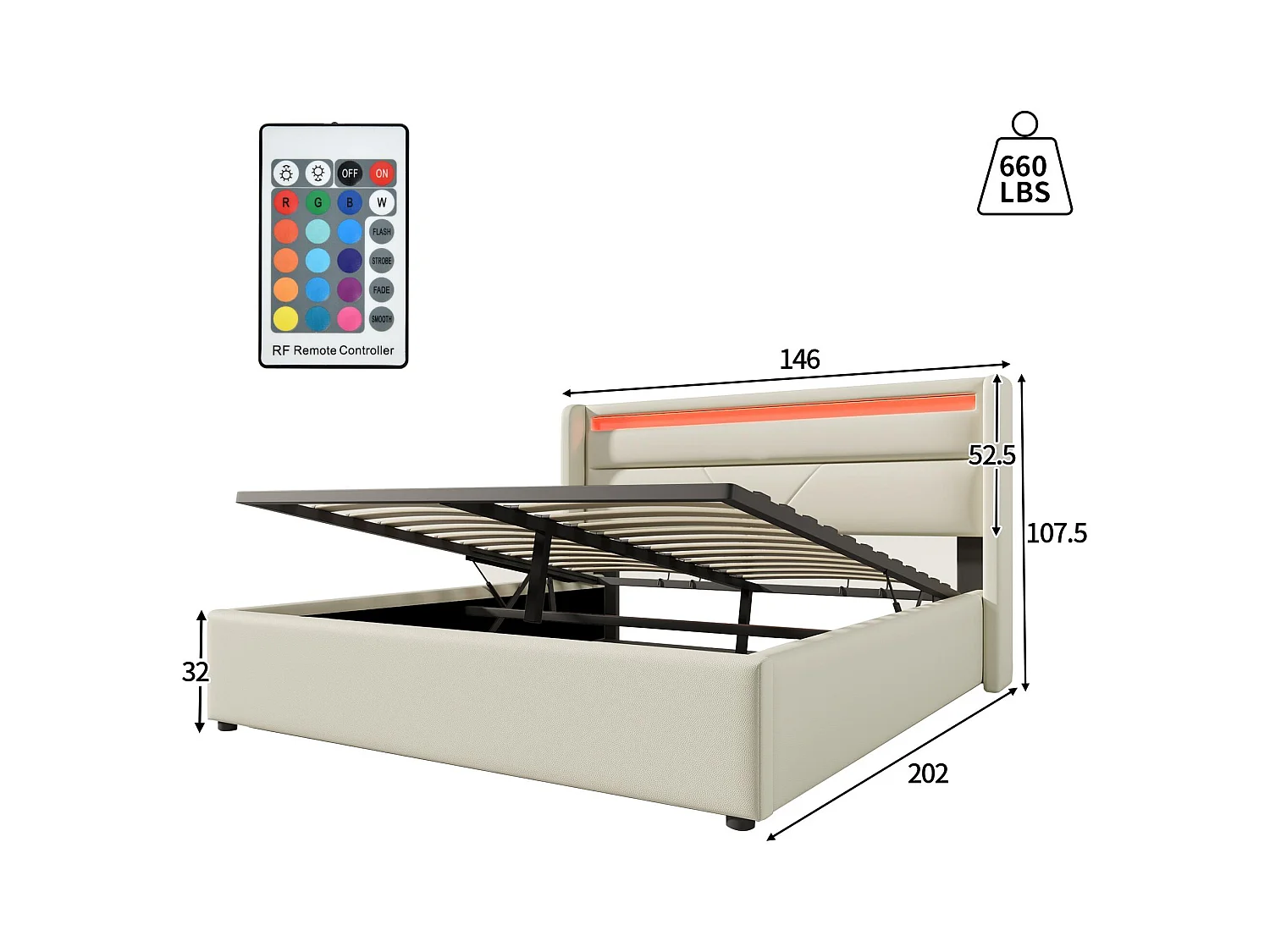Cama contenedor 140x200cm en símil piel con LED - con somier - Blanco