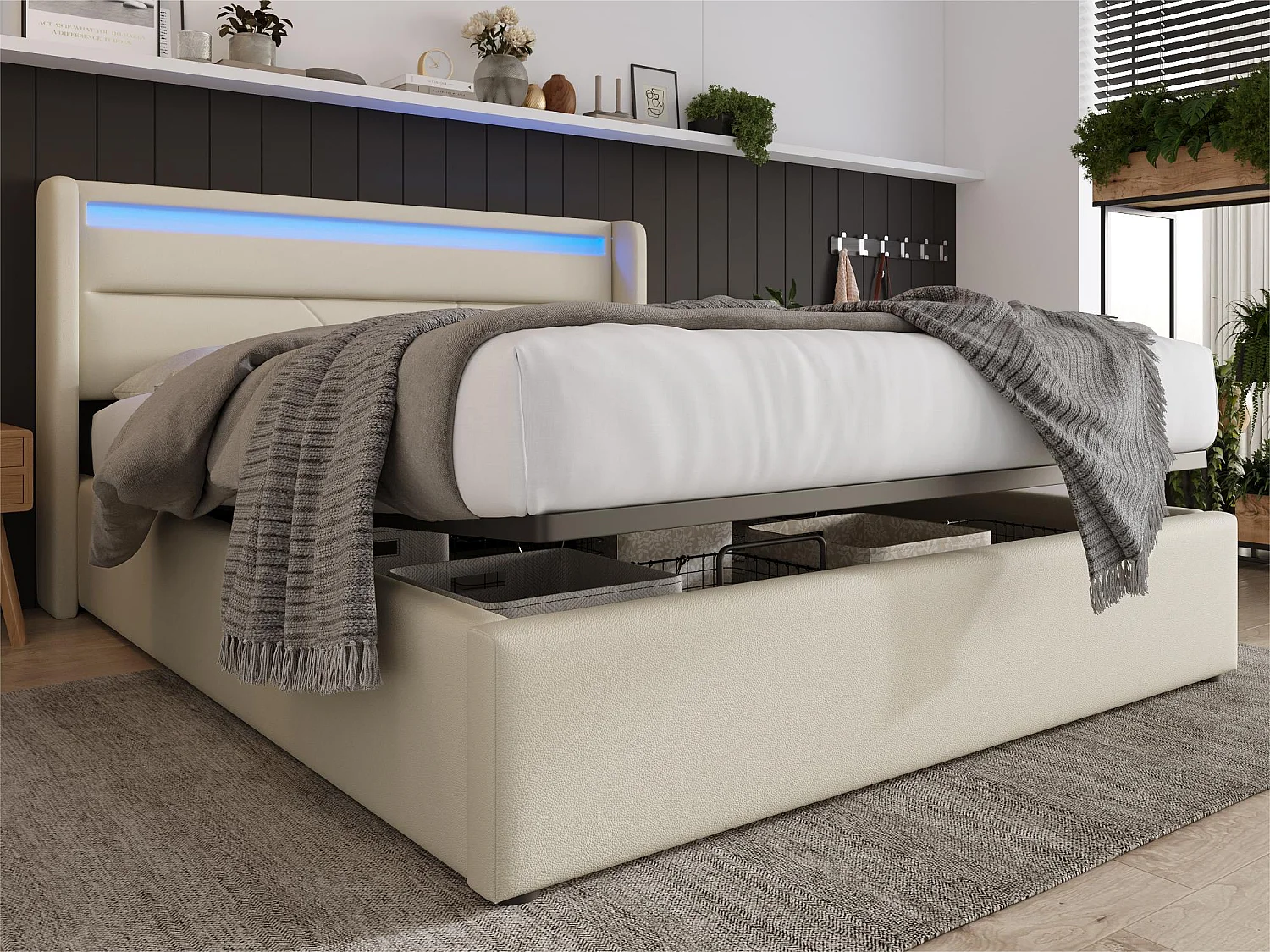 Letto contenitore 140x200cm in similpelle con LED - con rete a doghe - Bianco