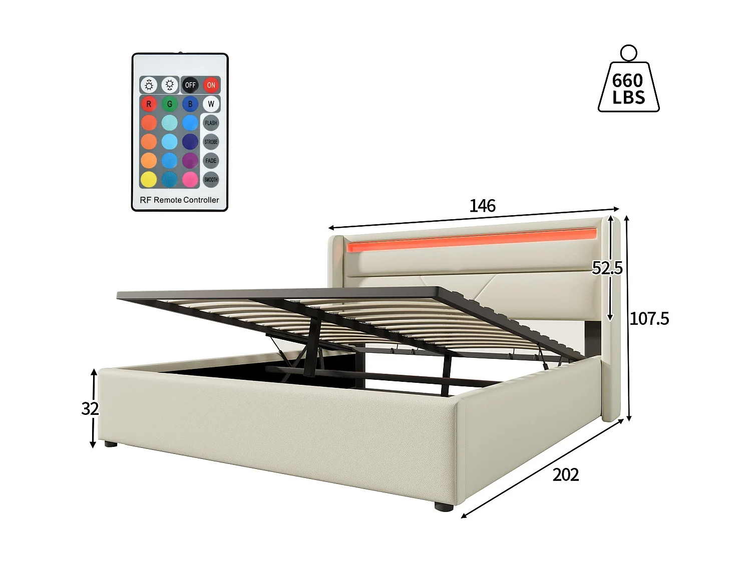 Letto contenitore 140x200cm in similpelle con LED - con rete a doghe - Bianco