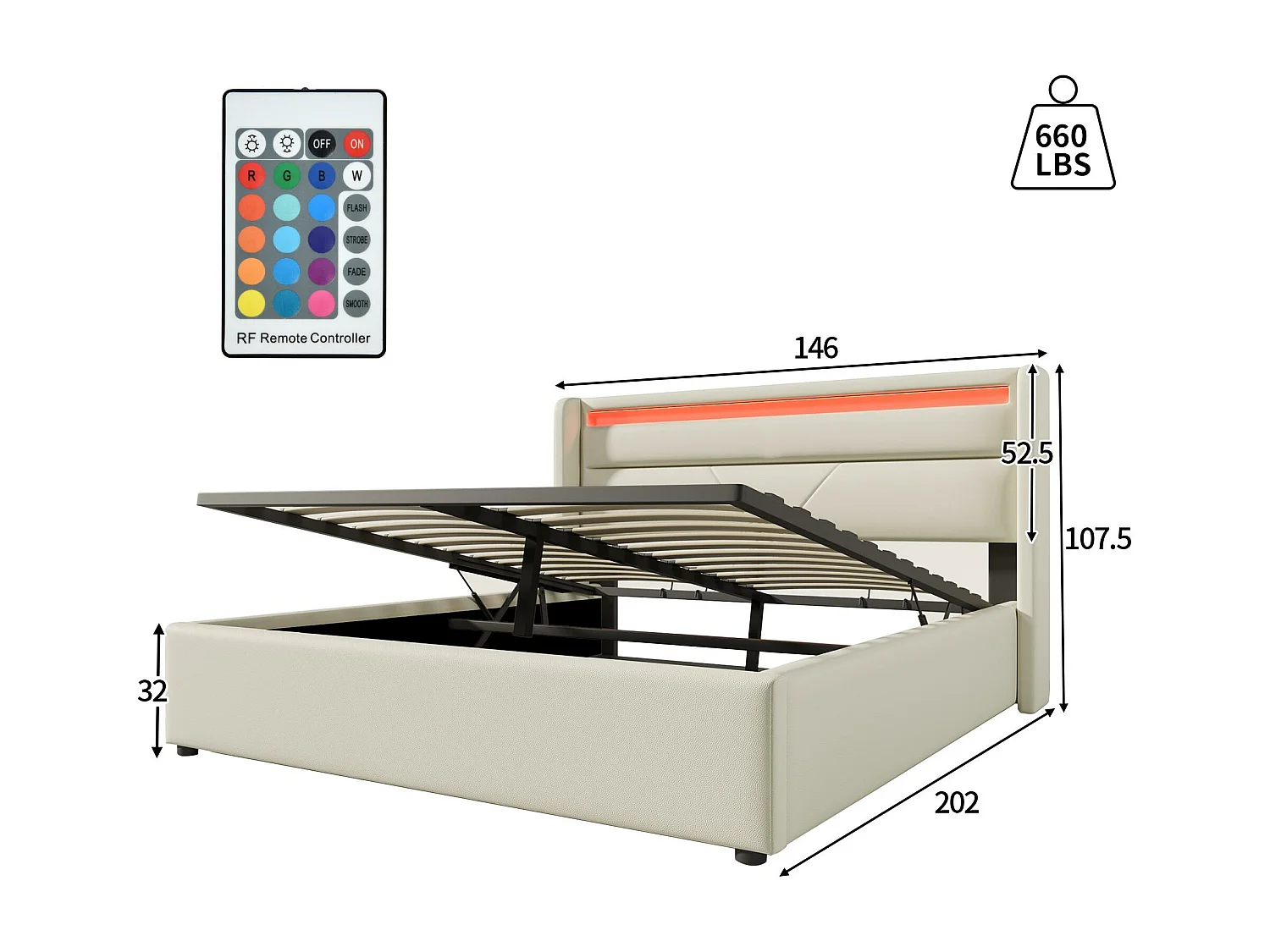 Letto contenitore 140x200cm in similpelle con LED - con rete a doghe - Bianco