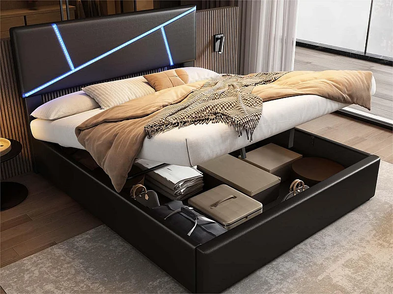 Cama contenedor 140x200 cm en símil piel - con LED y somier - Negro