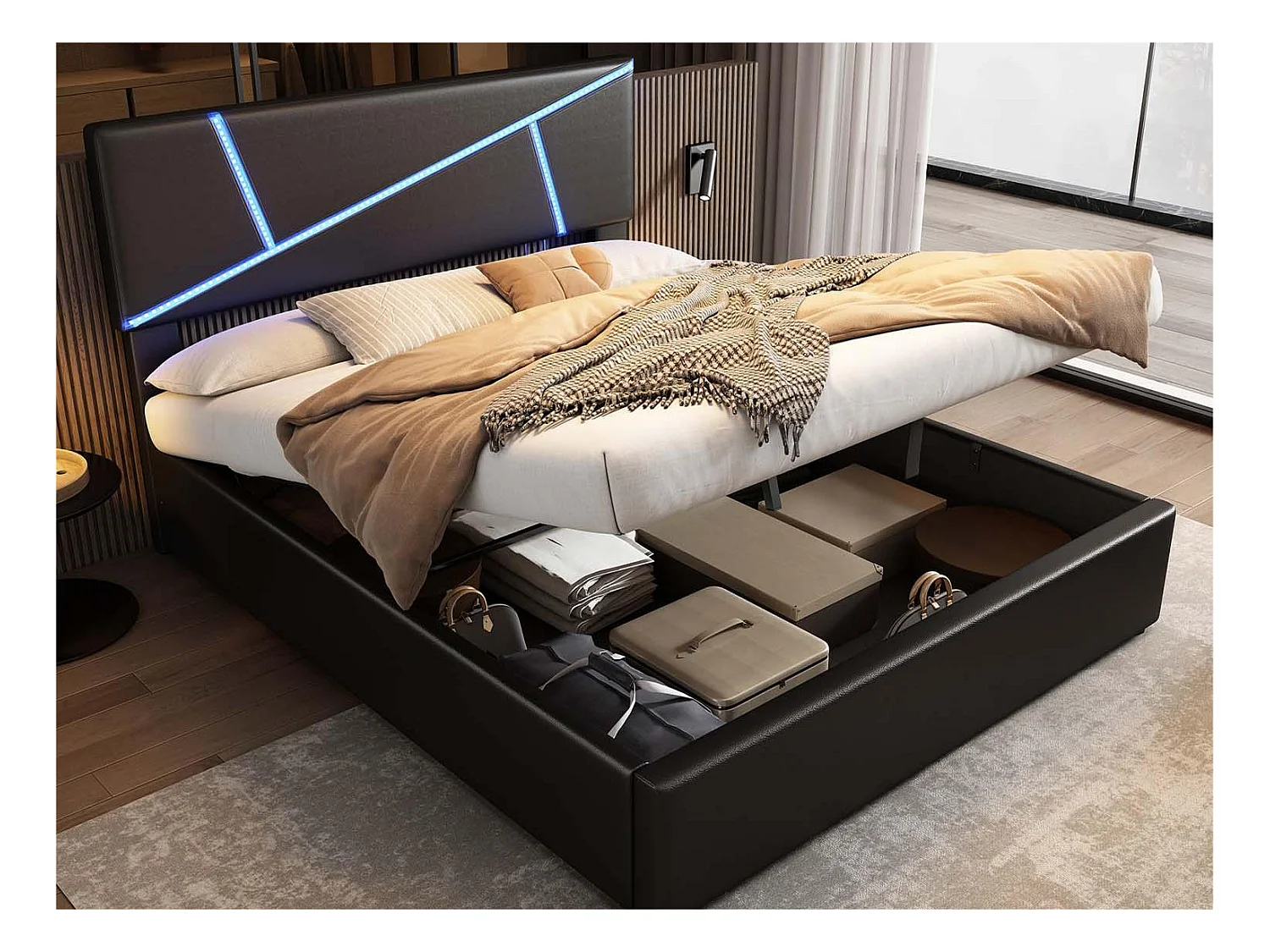 Opbergbed 140x200cm in kunstleer - met LED en lattenbodem - Zwart