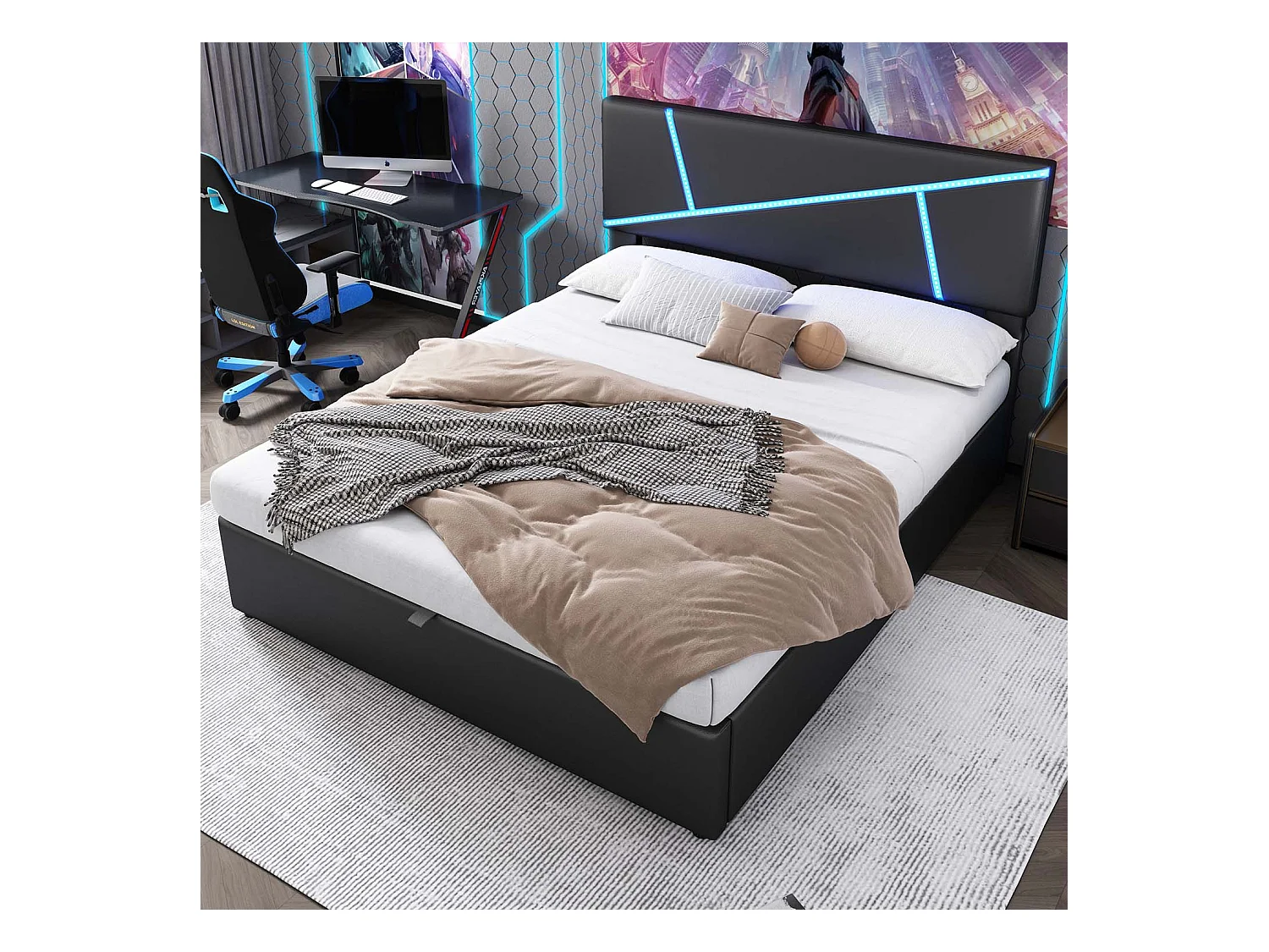 Cama contenedor 140x200 cm en símil piel - con LED y somier - Negro