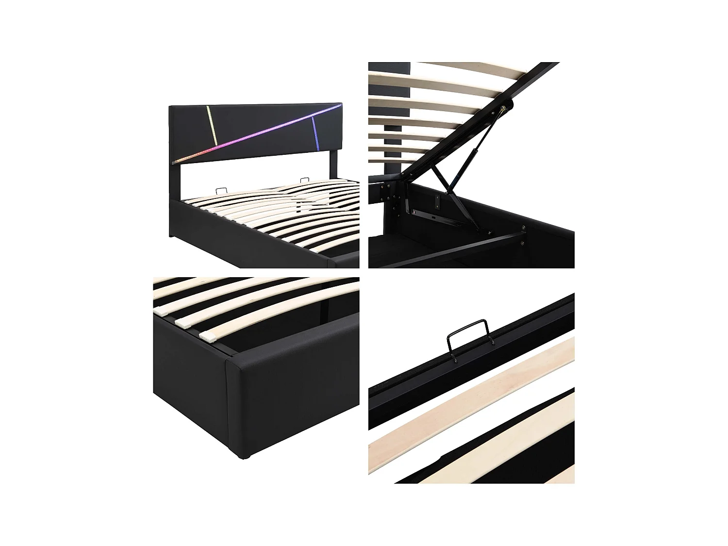 Cama contenedor 140x200 cm en símil piel - con LED y somier - Negro