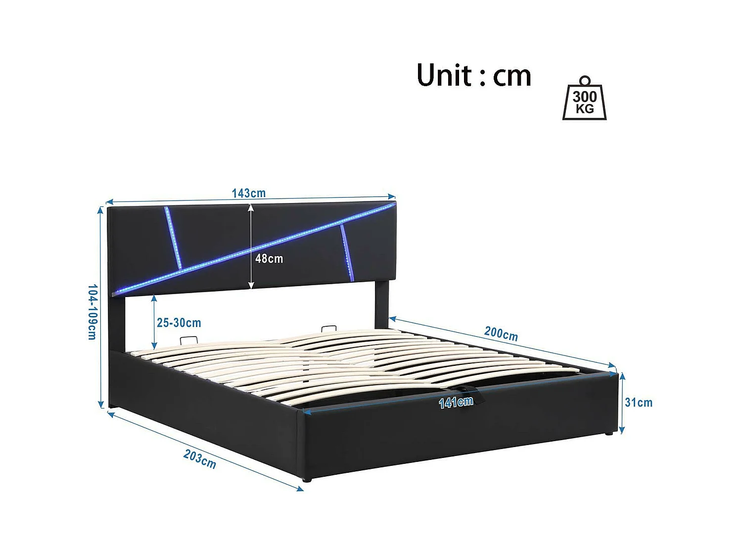 Cama contenedor 140x200 cm en símil piel - con LED y somier - Negro