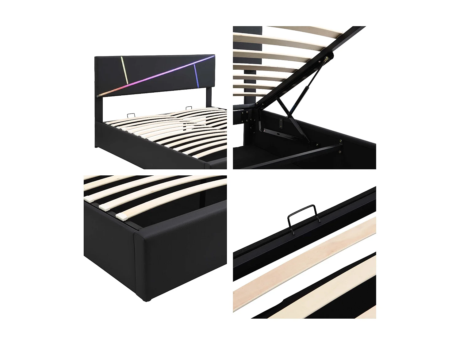 Bettkasten 140 x 200 cm aus Kunstleder – mit LED und Lattenrost – Schwarz
