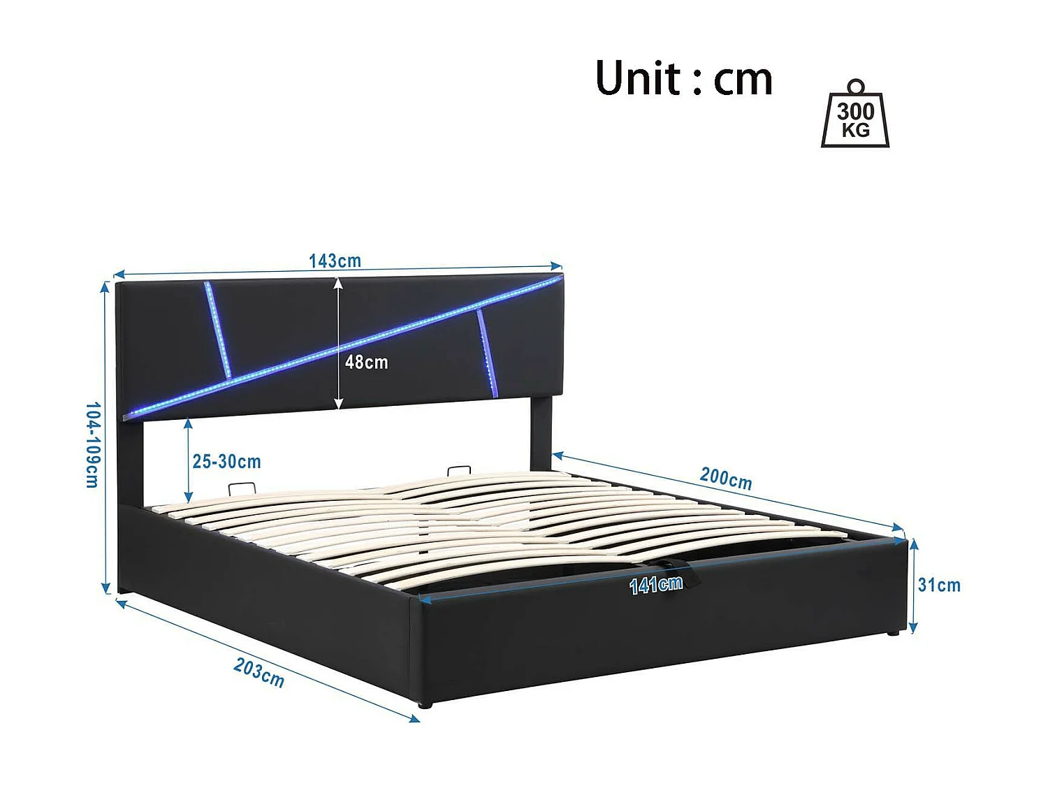 Bettkasten 140 x 200 cm aus Kunstleder – mit LED und Lattenrost – Schwarz