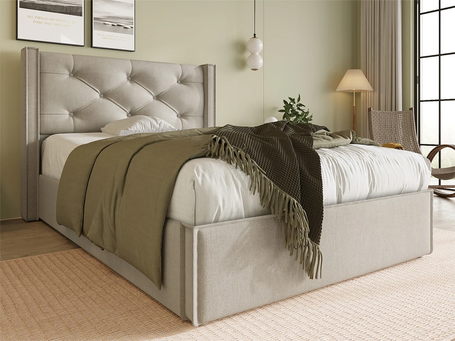 Gepolstertes Stauraumbett 90 x 200 cm aus Baumwollstoff – mit Lattenrost – Hellgrau