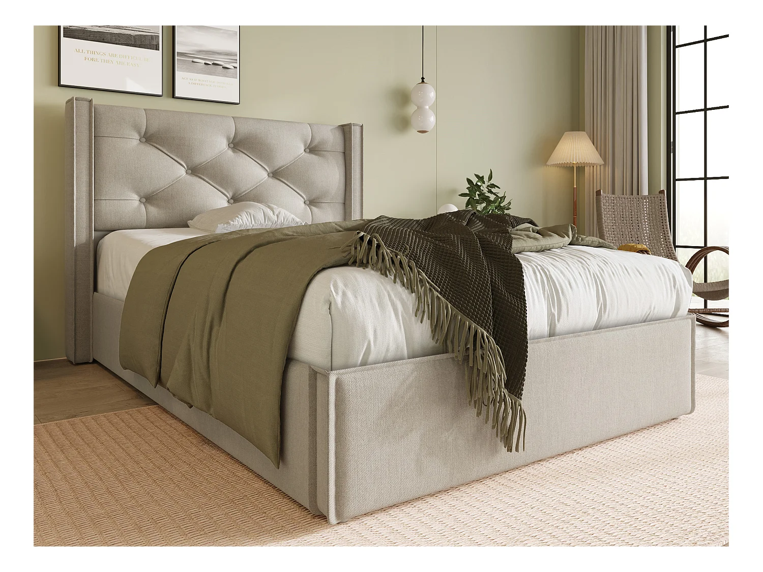 Lit coffre capitonné 90x200cm en tissu coton - avec sommier à lattes - Gris Clair