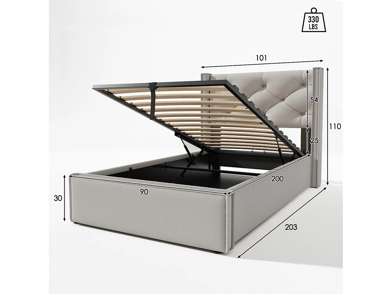 Gepolstertes Stauraumbett 90 x 200 cm aus Baumwollstoff – mit Lattenrost – Hellgrau