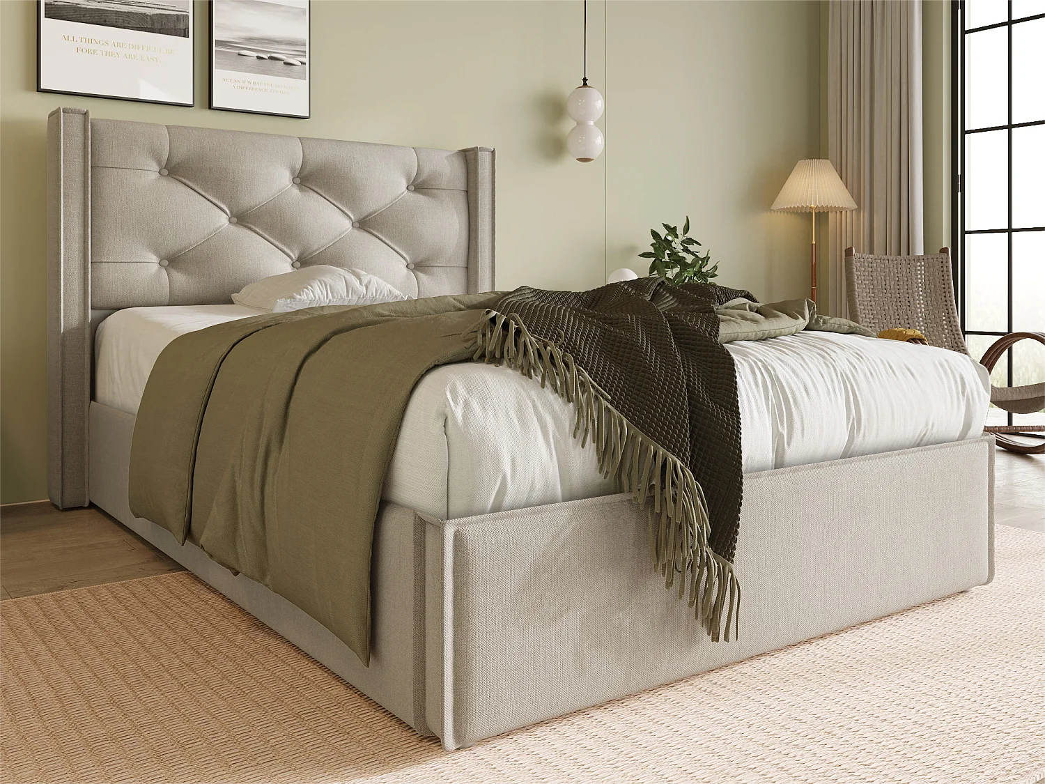 Cama de arrumação acolchoada 90x200cm em tecido de algodão - com base de ripas - Cinza Claro