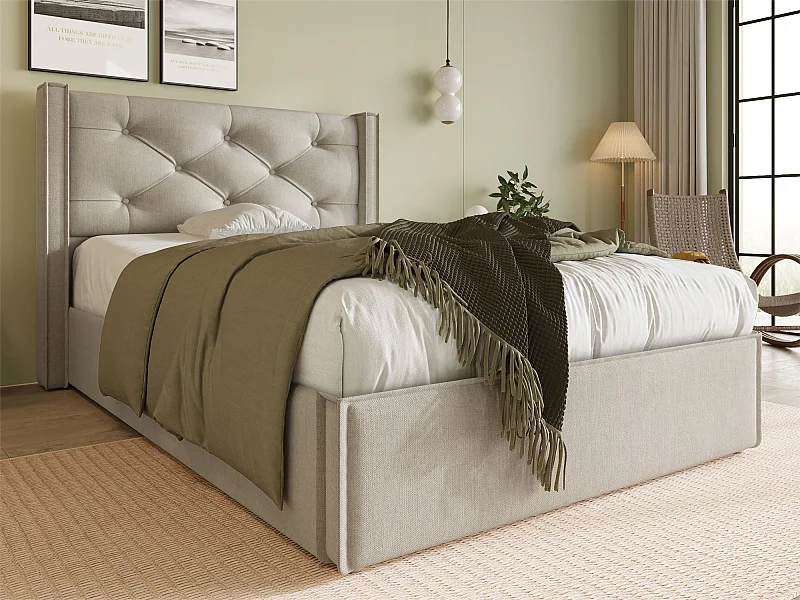 Lit coffre capitonné 90x200cm en tissu coton - avec sommier à lattes - Gris Clair