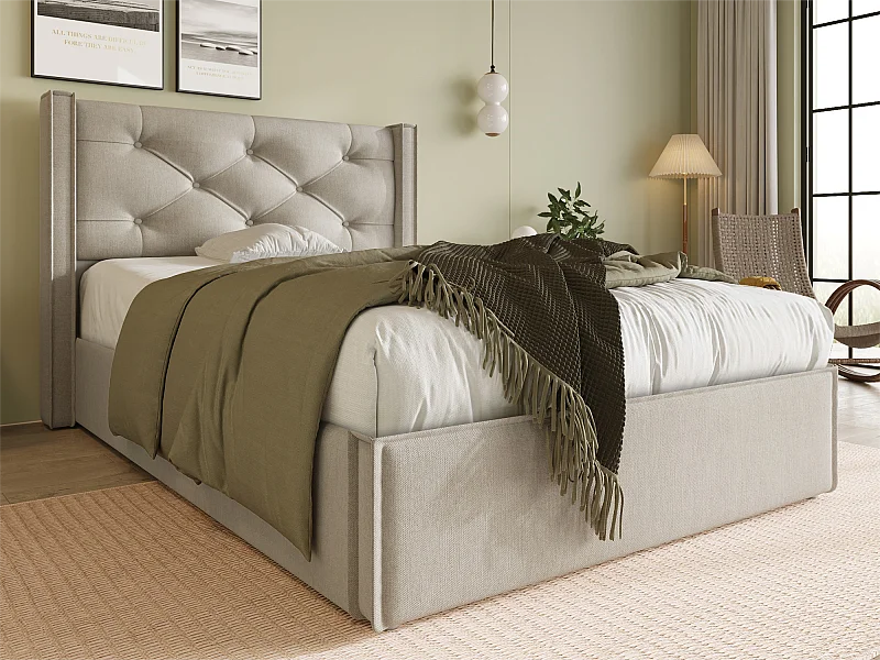 Gewatteerd opbergbed 90x200cm in katoenen stof - met lattenbodem - Lichtgrijs