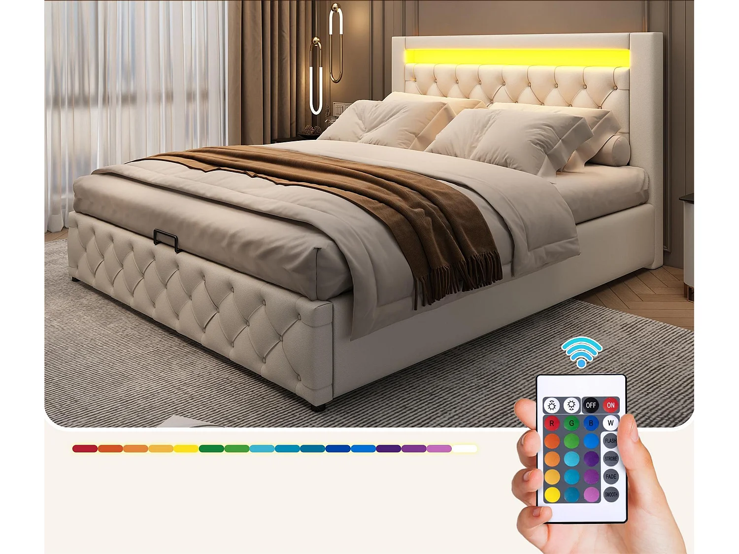 Gepolstertes Stauraumbett aus Kunstleder mit LED – 140 x 200 cm – mit Lattenrost – Weiß