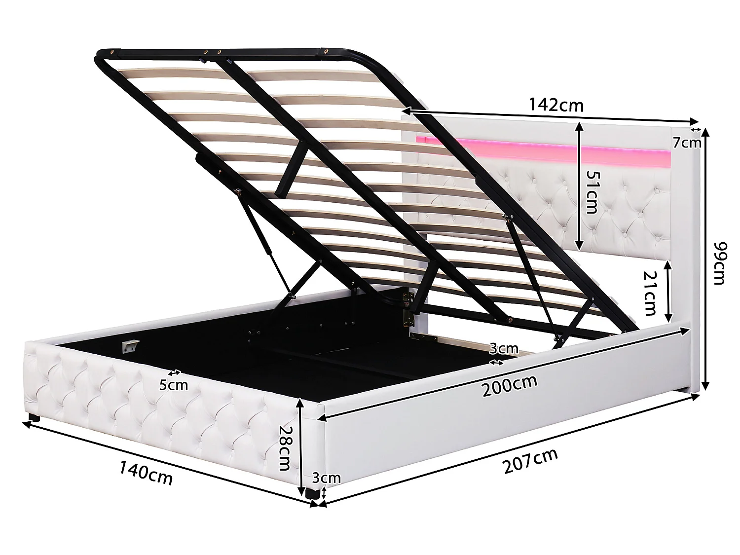 Cama contenedor tapizada en símil piel con LED - 140x200cm - con somier de láminas - Blanco