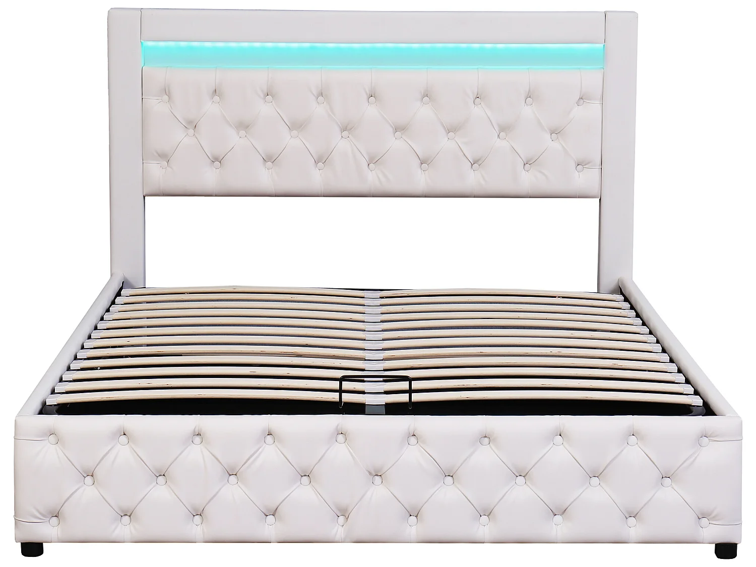 Cama contenedor tapizada en símil piel con LED - 140x200cm - con somier de láminas - Blanco