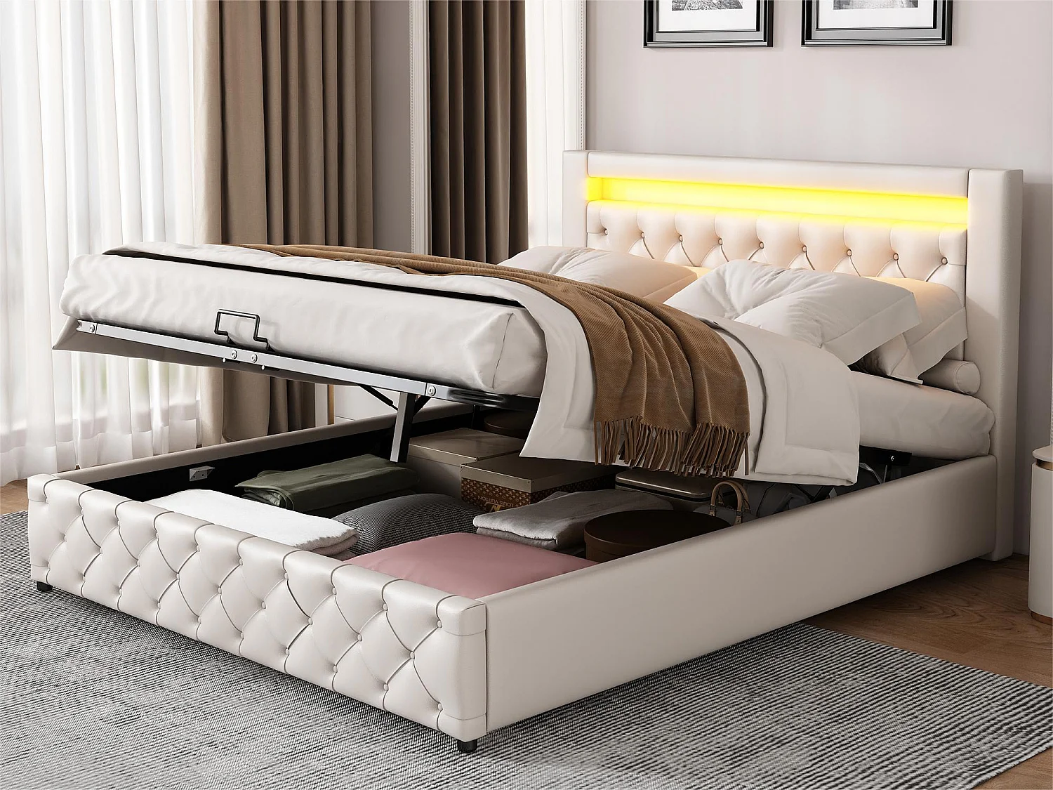 Lit coffre rembourré en similicuir avec LED - 140x200cm - avecsommier à lattes - Blanc