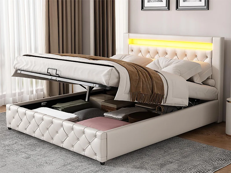 Gestoffeerd opbergbed in kunstleer met LED - 140x200cm - met lattenbodem - Wit