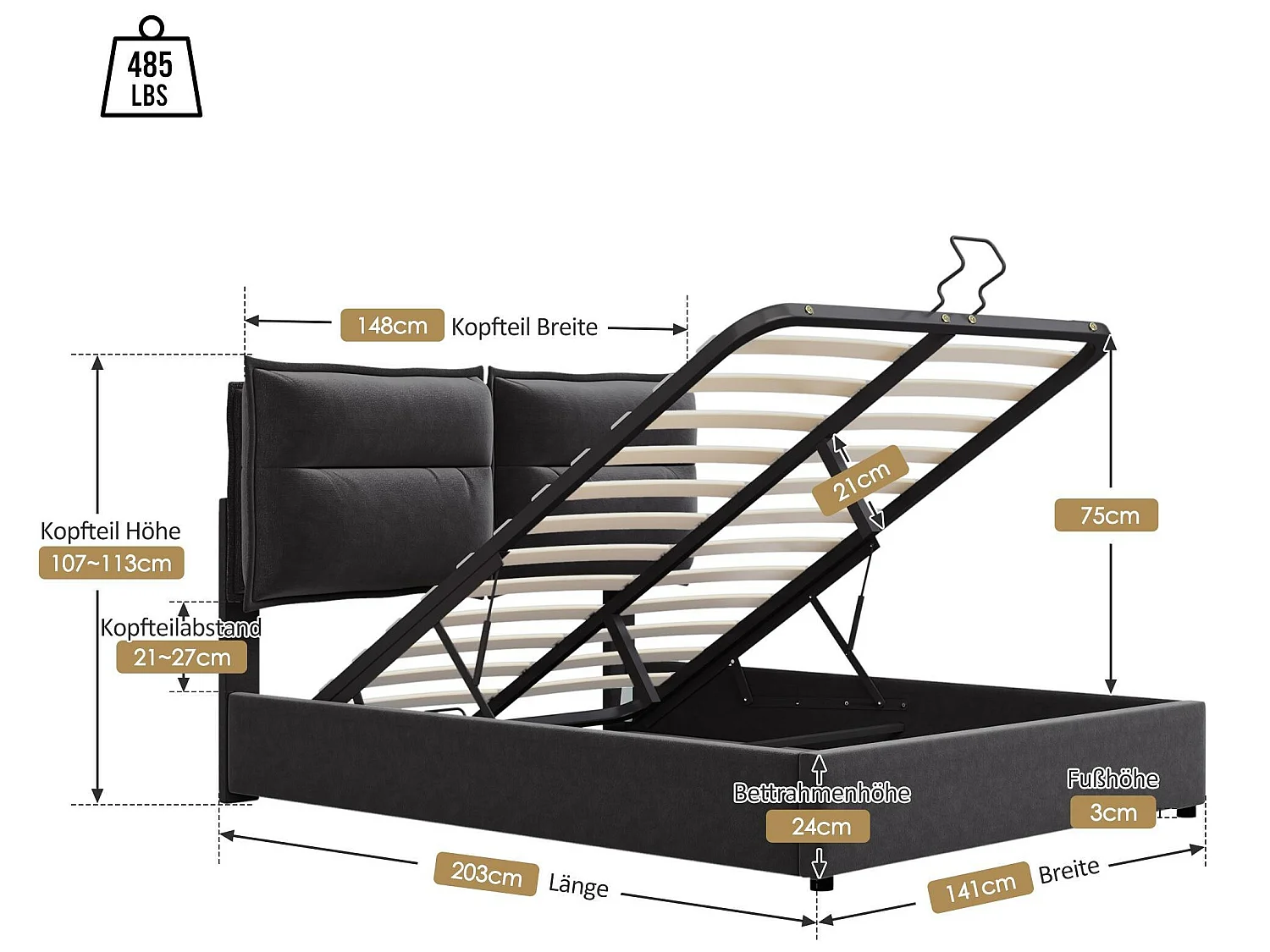Samtgepolstertes Stauraumbett 140 x 200 cm mit verstellbarem Kopfteil und Lattenrost – Schwarz