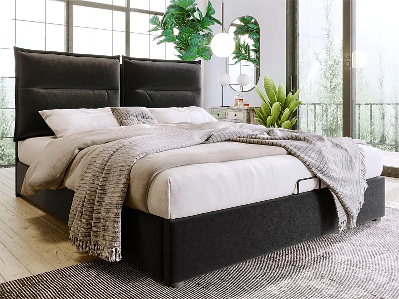Cama contenedor acolchada de terciopelo 140x200 cm con cabecero ajustable y somier de láminas - Negro