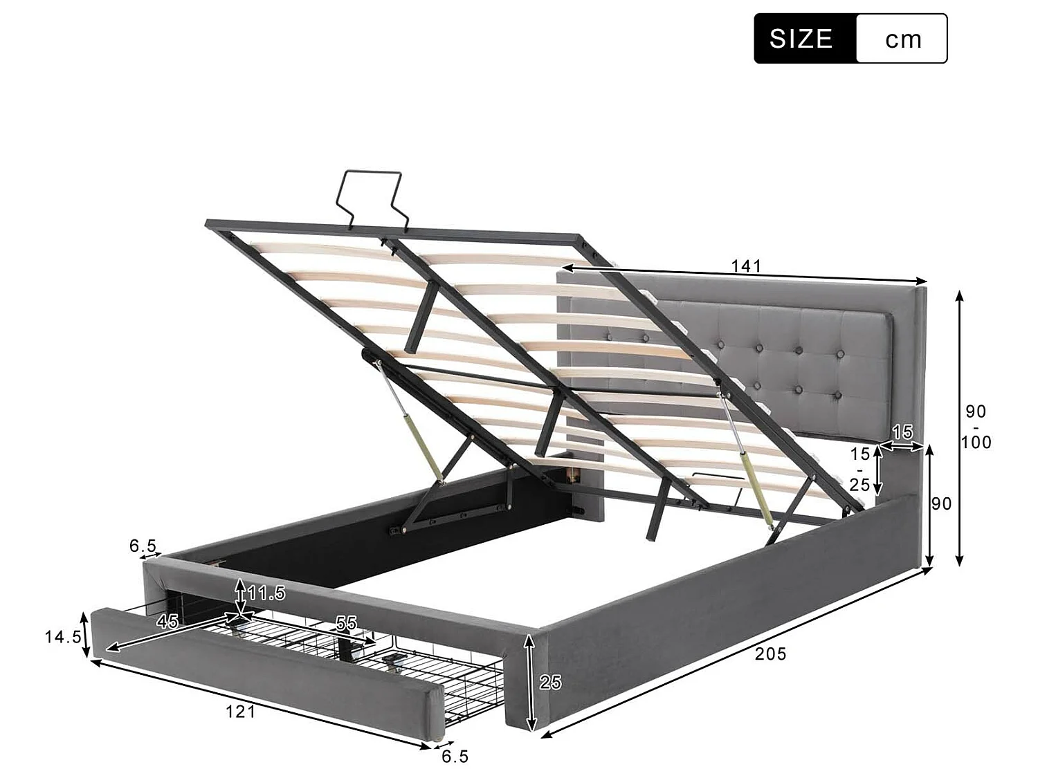 Gewatteerd opbergbed 140x200cm in fluweel - met lade en lattenbodem - Grijs (zonder matras)
