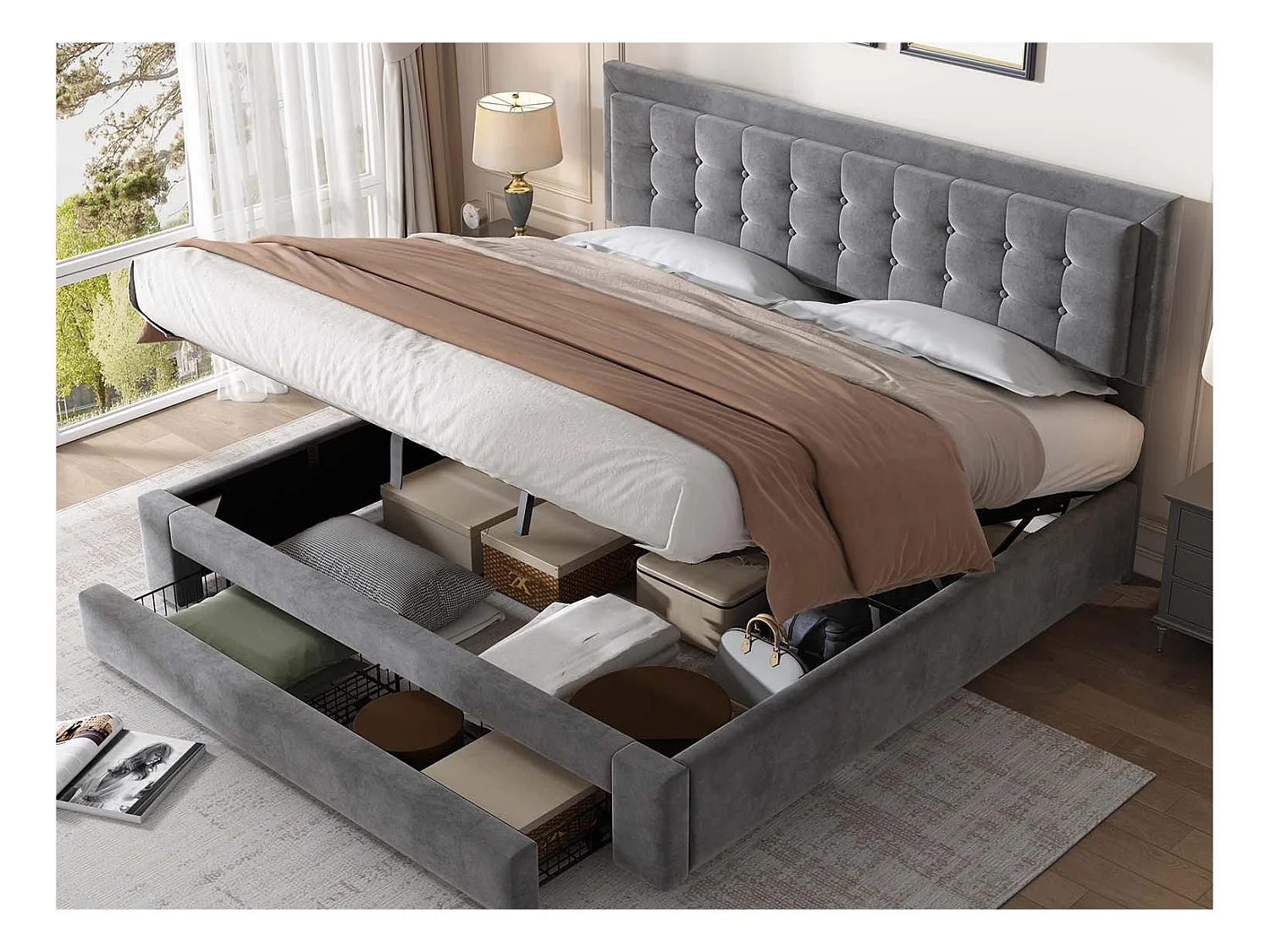 Gewatteerd opbergbed 140x200cm in fluweel - met lade en lattenbodem - Grijs (zonder matras)