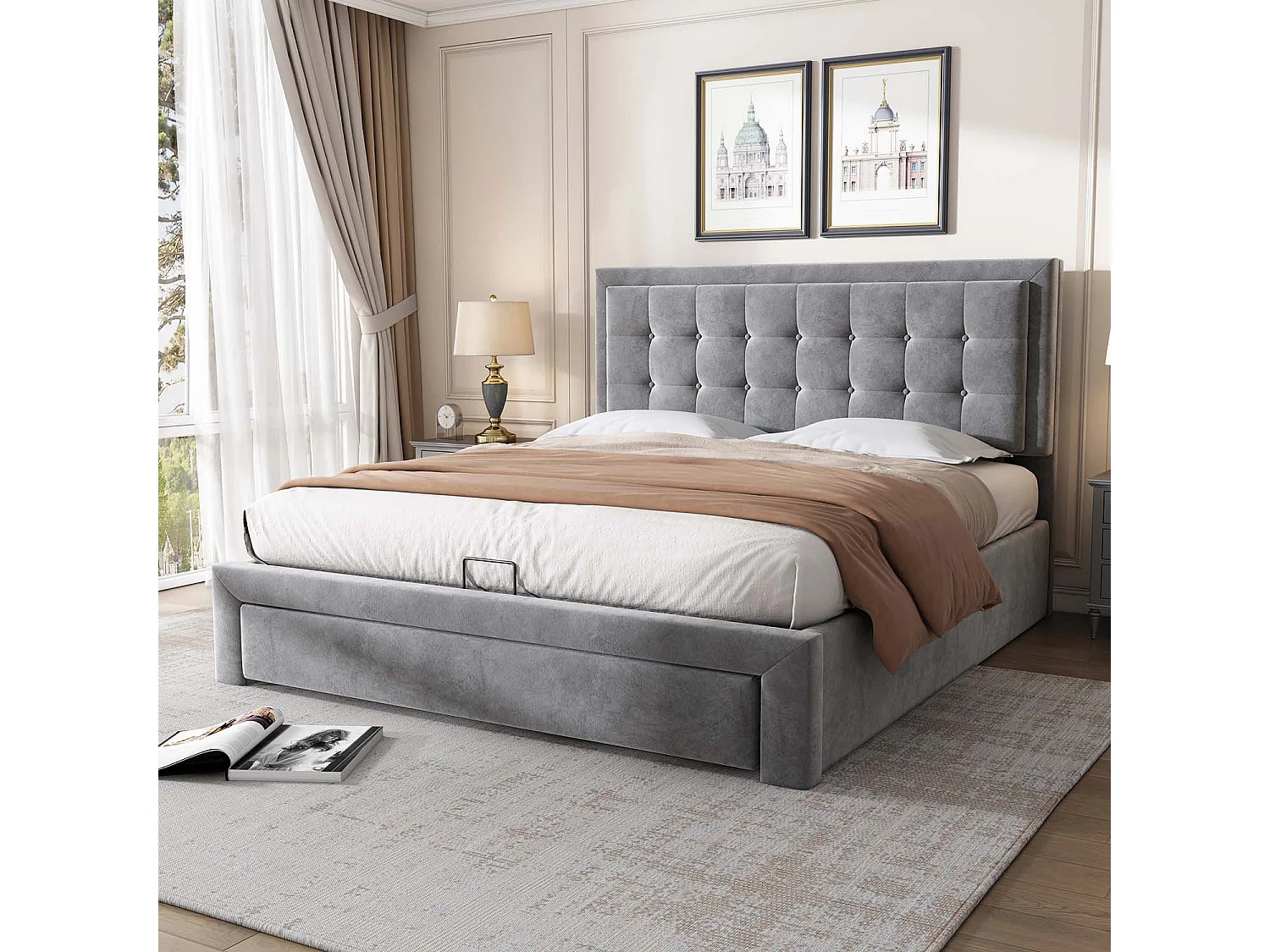Letto contenitore imbottito 140x200 cm in velluto - con cassetto e rete a doghe - Grigio (senza materasso)