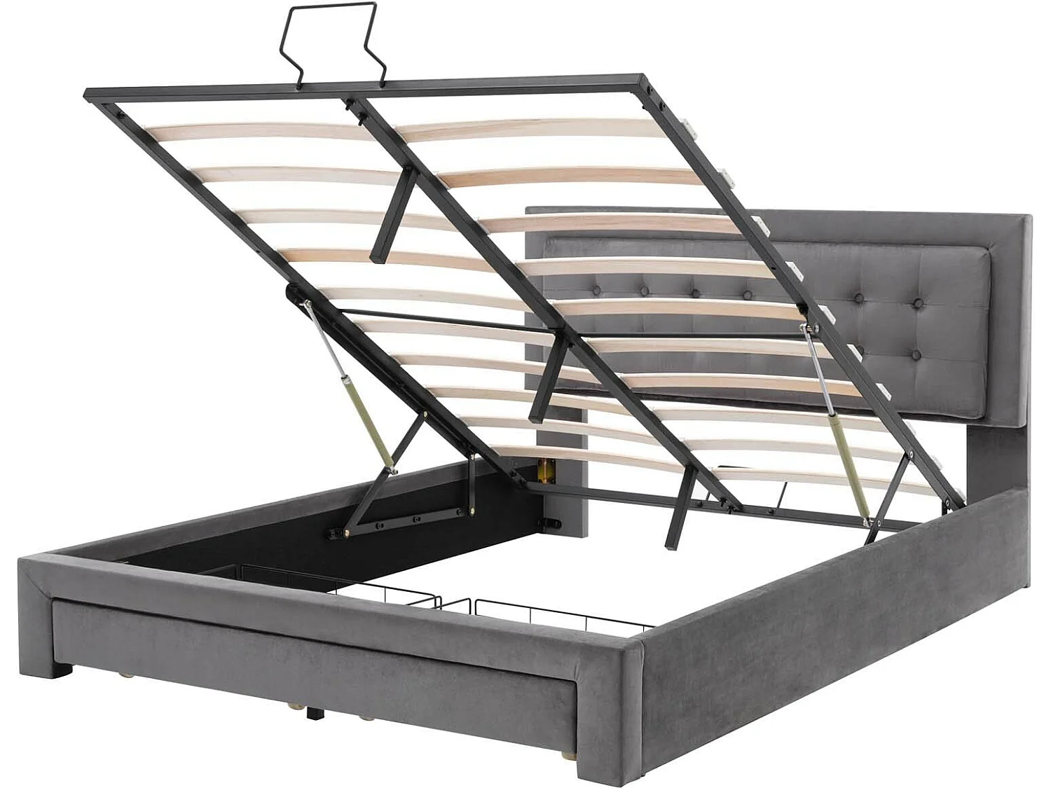 Letto contenitore imbottito 140x200 cm in velluto - con cassetto e rete a doghe - Grigio (senza materasso)