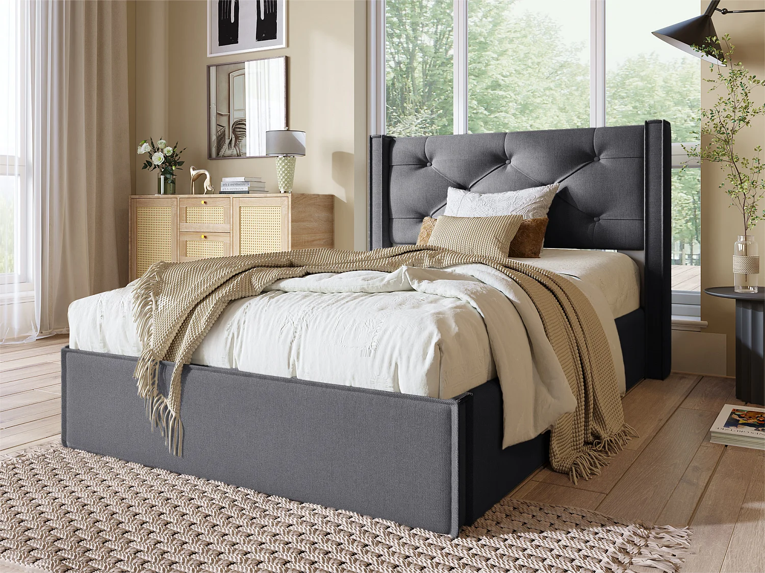 Letto contenitore imbottito 90x200 cm in tessuto di cotone - con rete a doghe - Grigio