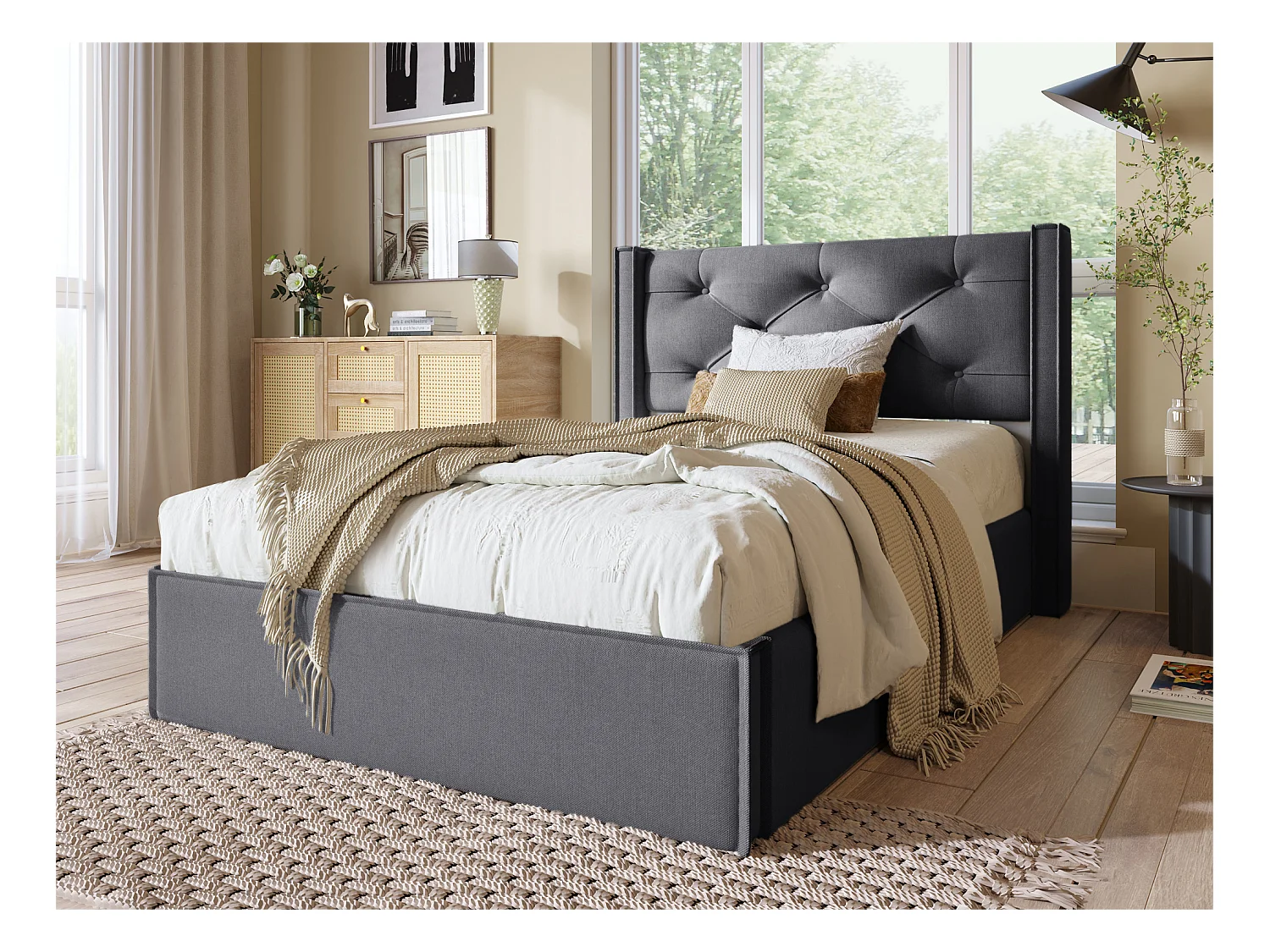 Lit coffre capitonné 90x200cm en tissu coton - avec sommier à lattes - Gris