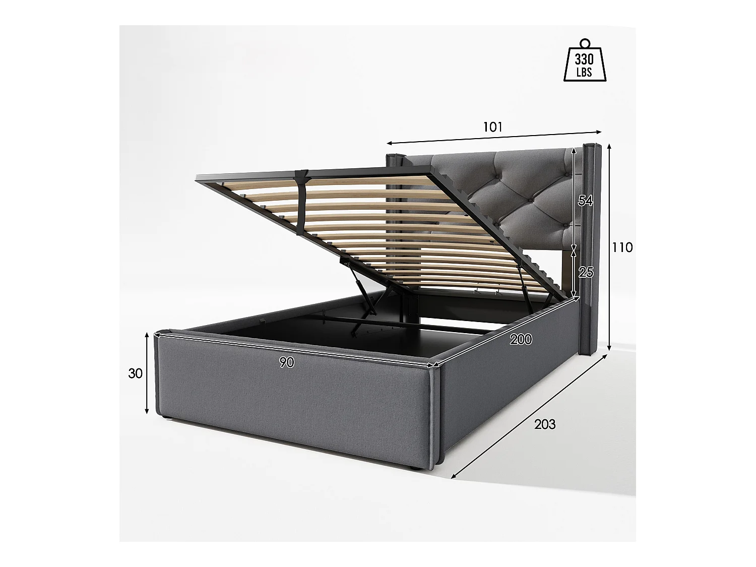 Cama contenedor acolchada 90x200 cm en tejido de algodón - con somier - Gris