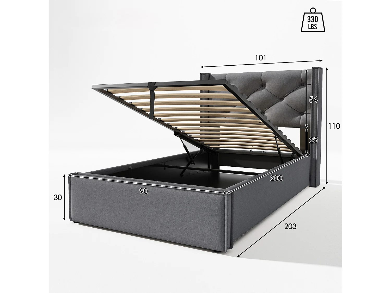 Gepolstertes Stauraumbett 90 x 200 cm aus Baumwollstoff – mit Lattenrost – Grau