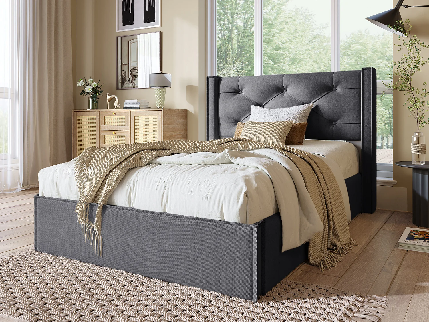 Cama contenedor acolchada 90x200 cm en tejido de algodón - con somier - Gris