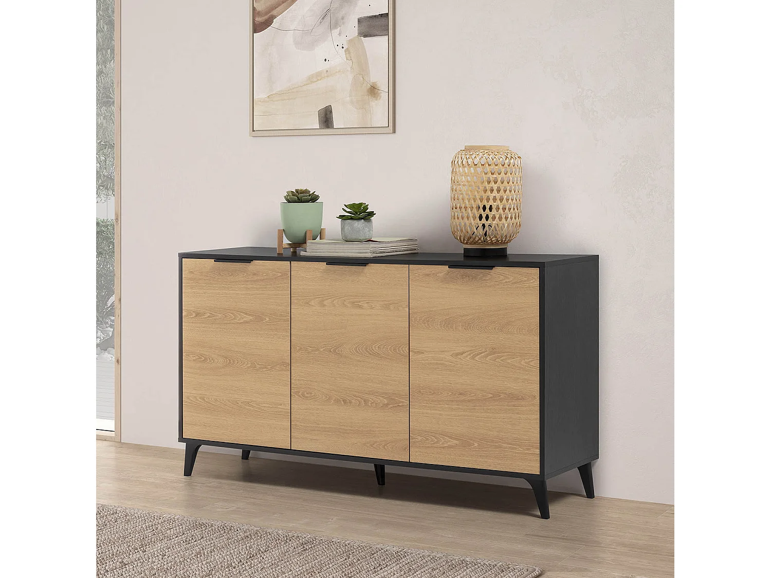 Aparador Kalma 3 puertas color negro/roble, 136 cm Ancho