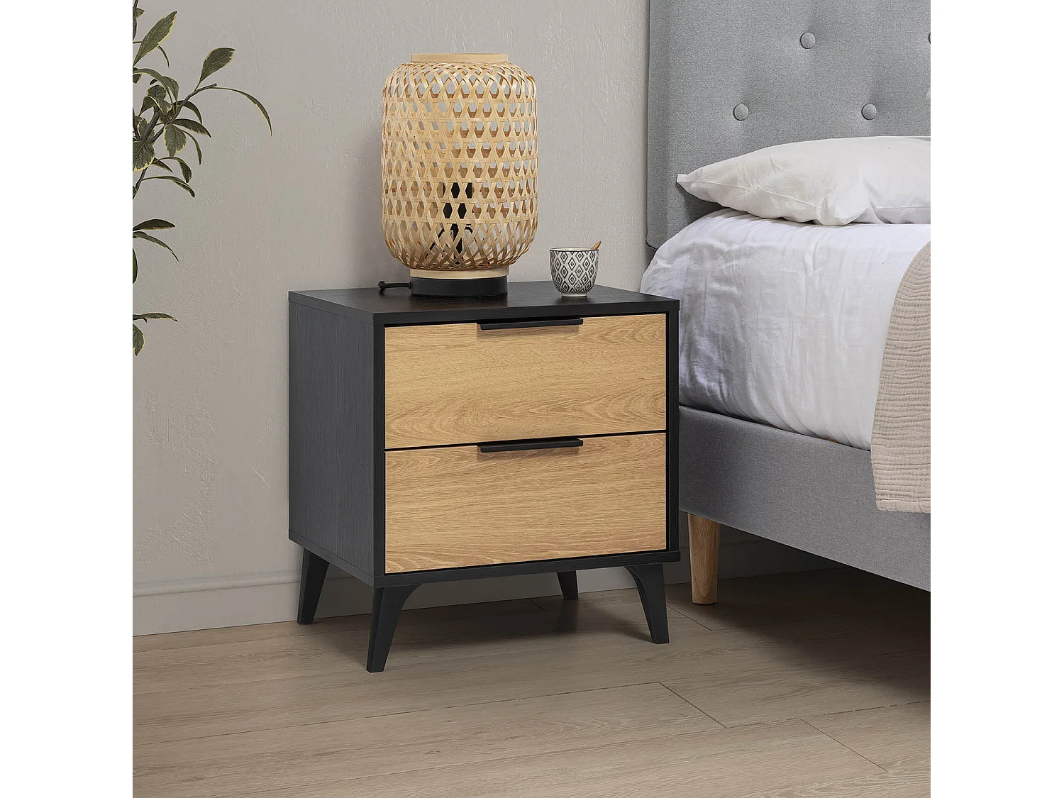 Table de chevet Kalma 2 tiroirs couleur noir/chêne